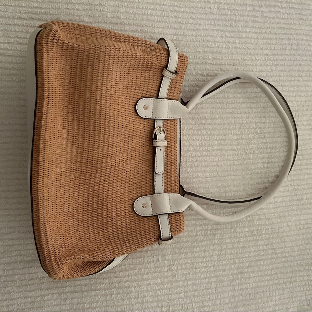 Foreign Tan and White Textured Tote Bag with Leather Accents
